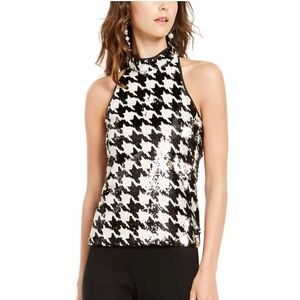 NWT INC International Concepts Houndstooth Sequin Halter Top - Black & White - S